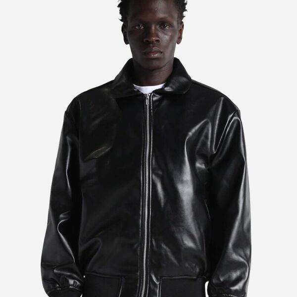 Unisex PU Leather Collared Varsity Jacket Thumbnail